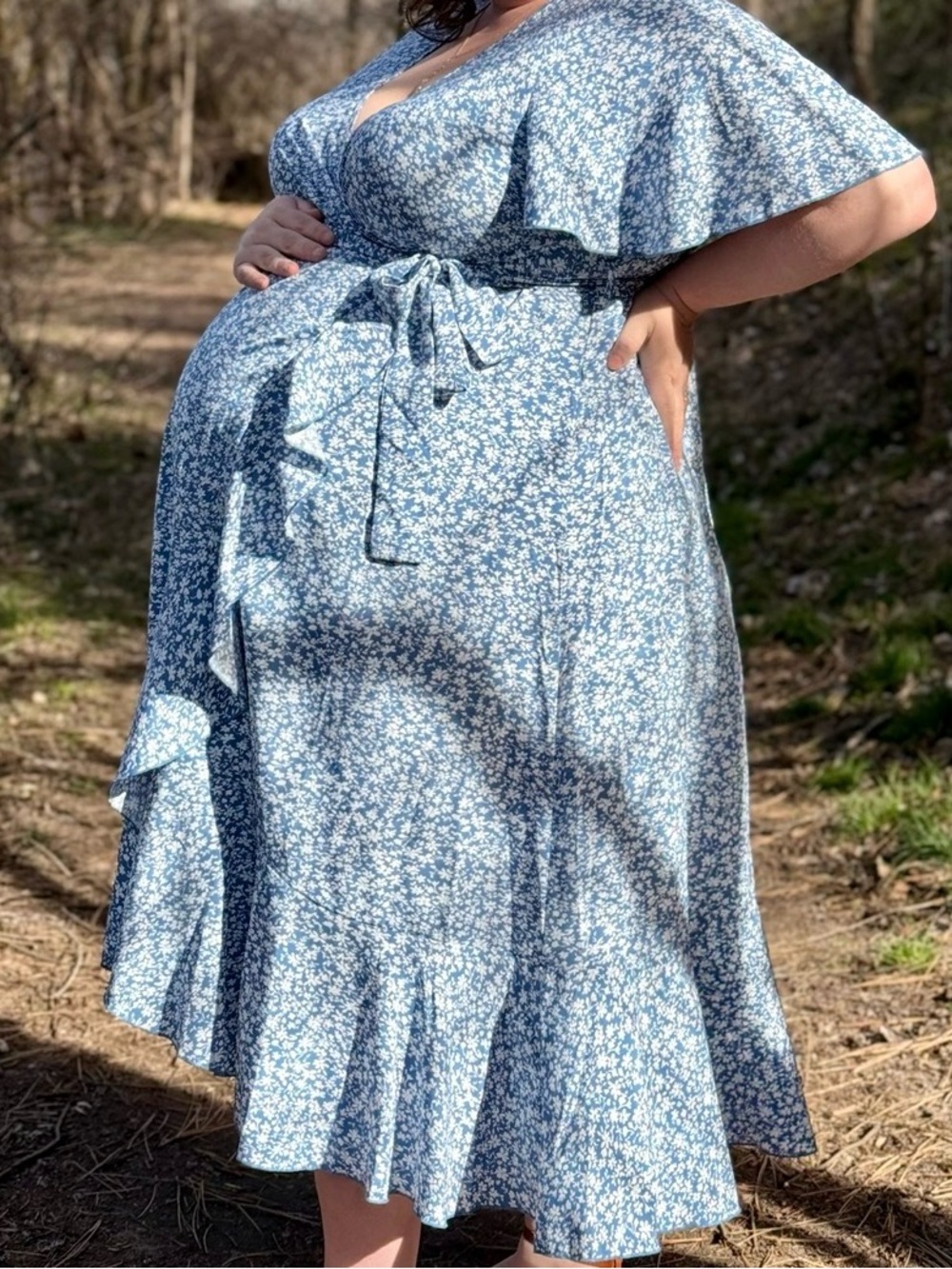 Blue Floral Wrap Dress Maternity Friendly
